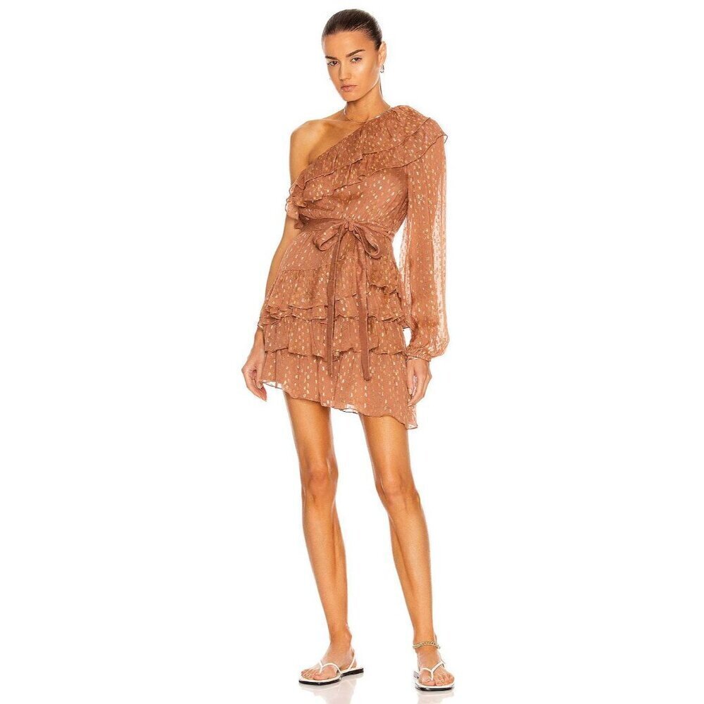 ROCOCO SAND Aine One Shoulder Belted Mini Dress Tan Womens Size Small